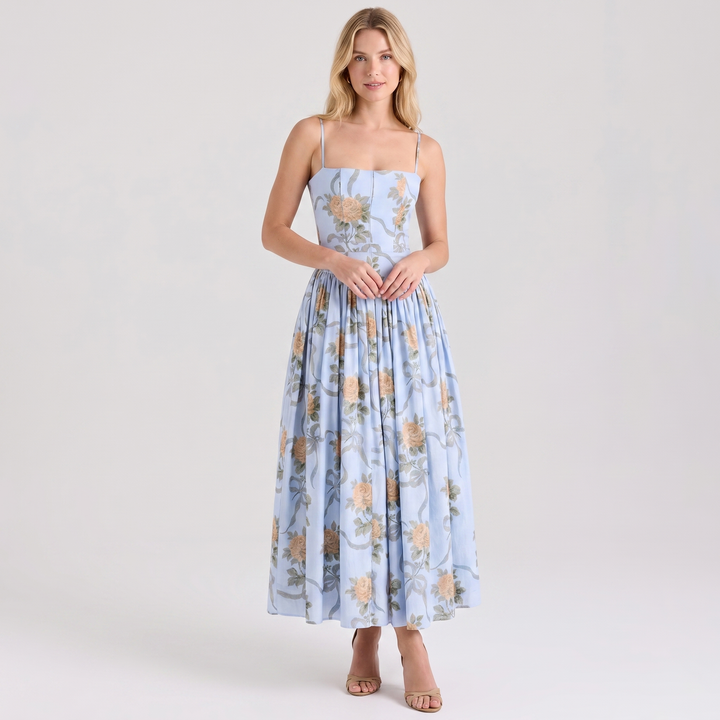 Women's Corset Midi Dress Spaghetti Strap Full Skirt Linen Summer