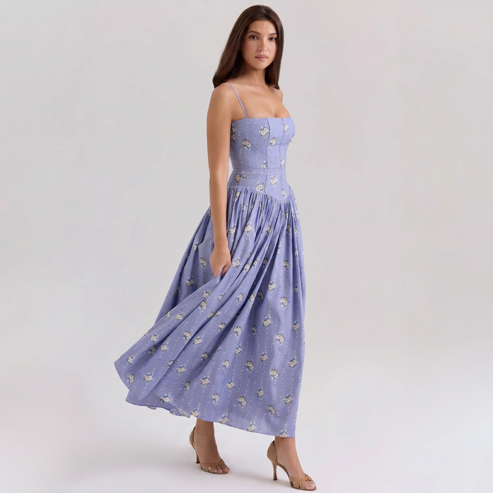 Women's Corset Midi Dress Spaghetti Strap Full Skirt Linen Summer