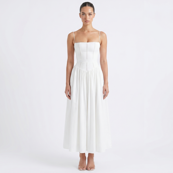 Women's Corset Midi Dress Spaghetti Strap Full Skirt Linen Summer