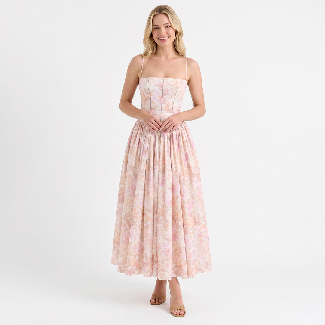 Women's Corset Midi Dress Spaghetti Strap Full Skirt Linen Summer