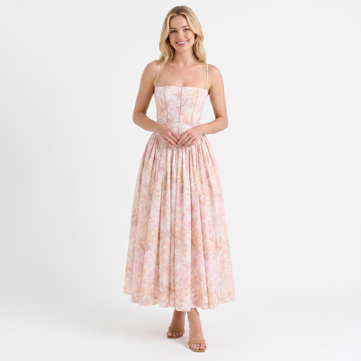 Women's Corset Midi Dress Spaghetti Strap Full Skirt Linen Summer
