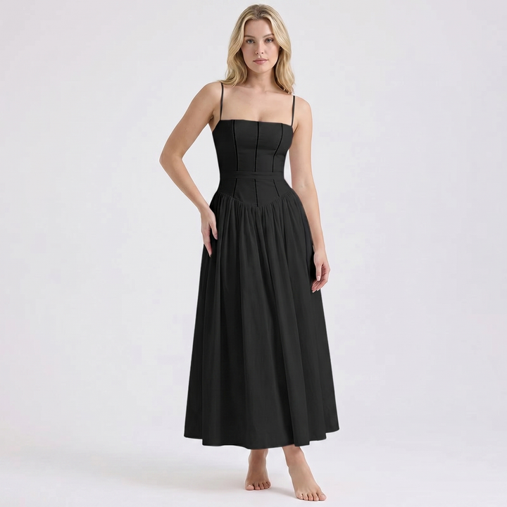 Women's Corset Midi Dress Spaghetti Strap Full Skirt Linen Summer