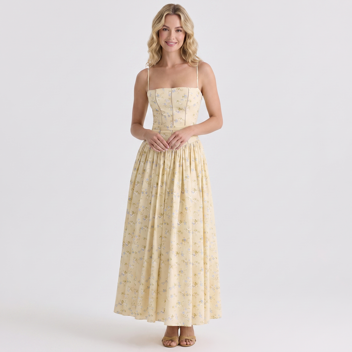 Women's Corset Midi Dress Spaghetti Strap Full Skirt Linen Summer