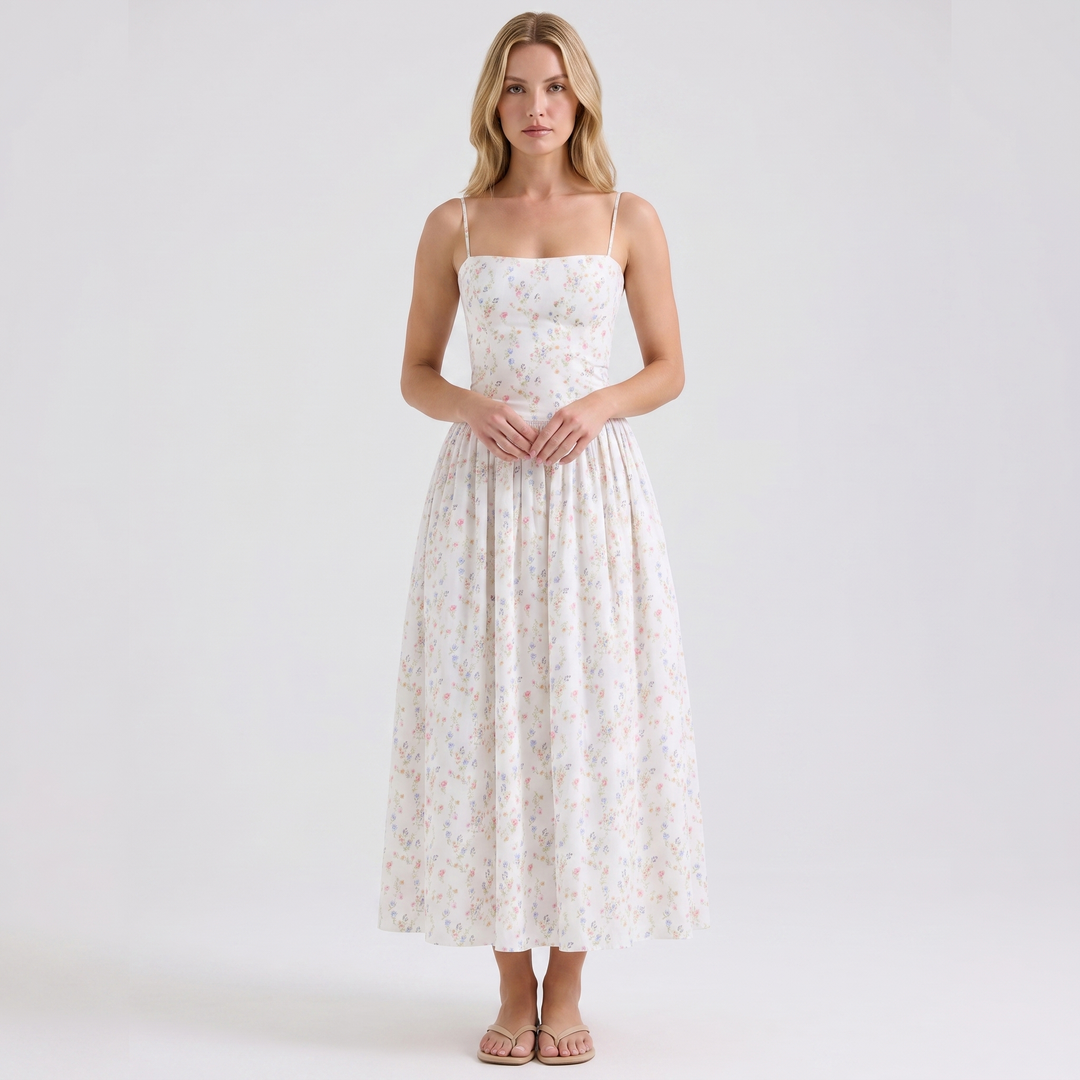 Women's Corset Midi Dress Spaghetti Strap Full Skirt Linen Summer