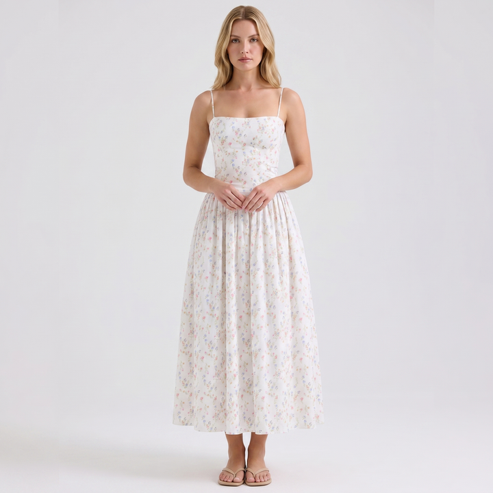 Women's Corset Midi Dress Spaghetti Strap Full Skirt Linen Summer