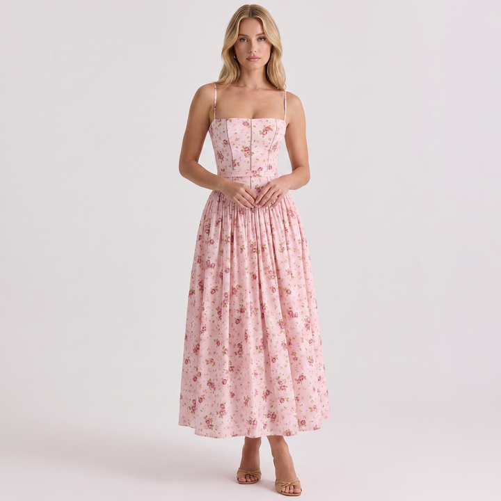 Women's Corset Midi Dress Spaghetti Strap Full Skirt Linen Summer