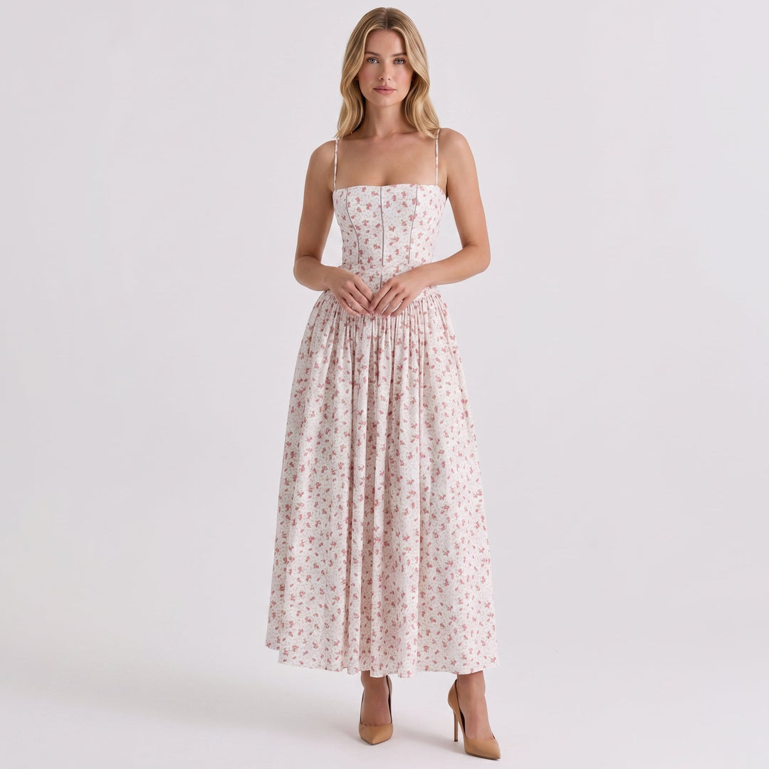 Women's Corset Midi Dress Spaghetti Strap Full Skirt Linen Summer