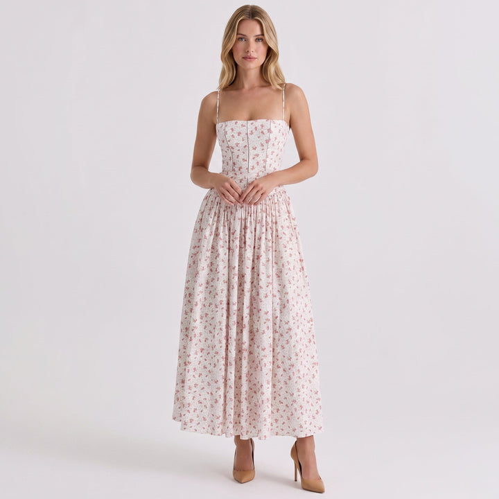 Women's Corset Midi Dress Spaghetti Strap Full Skirt Linen Summer