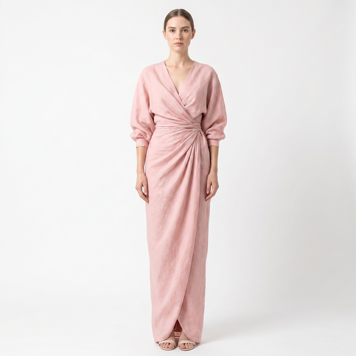 Women's Linen Maxi Dress Long Sleeve Wrap V Neck Draped Gathered