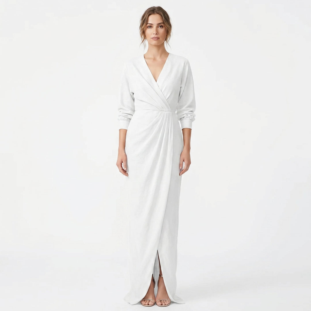 Women's Linen Maxi Dress Long Sleeve Wrap V Neck Draped Gathered
