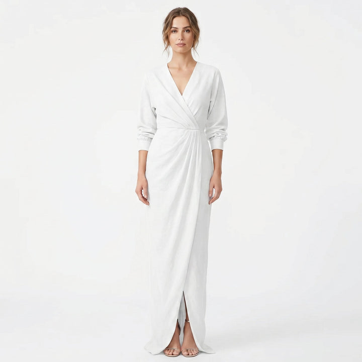 Women's Linen Maxi Dress Long Sleeve Wrap V Neck Draped Gathered