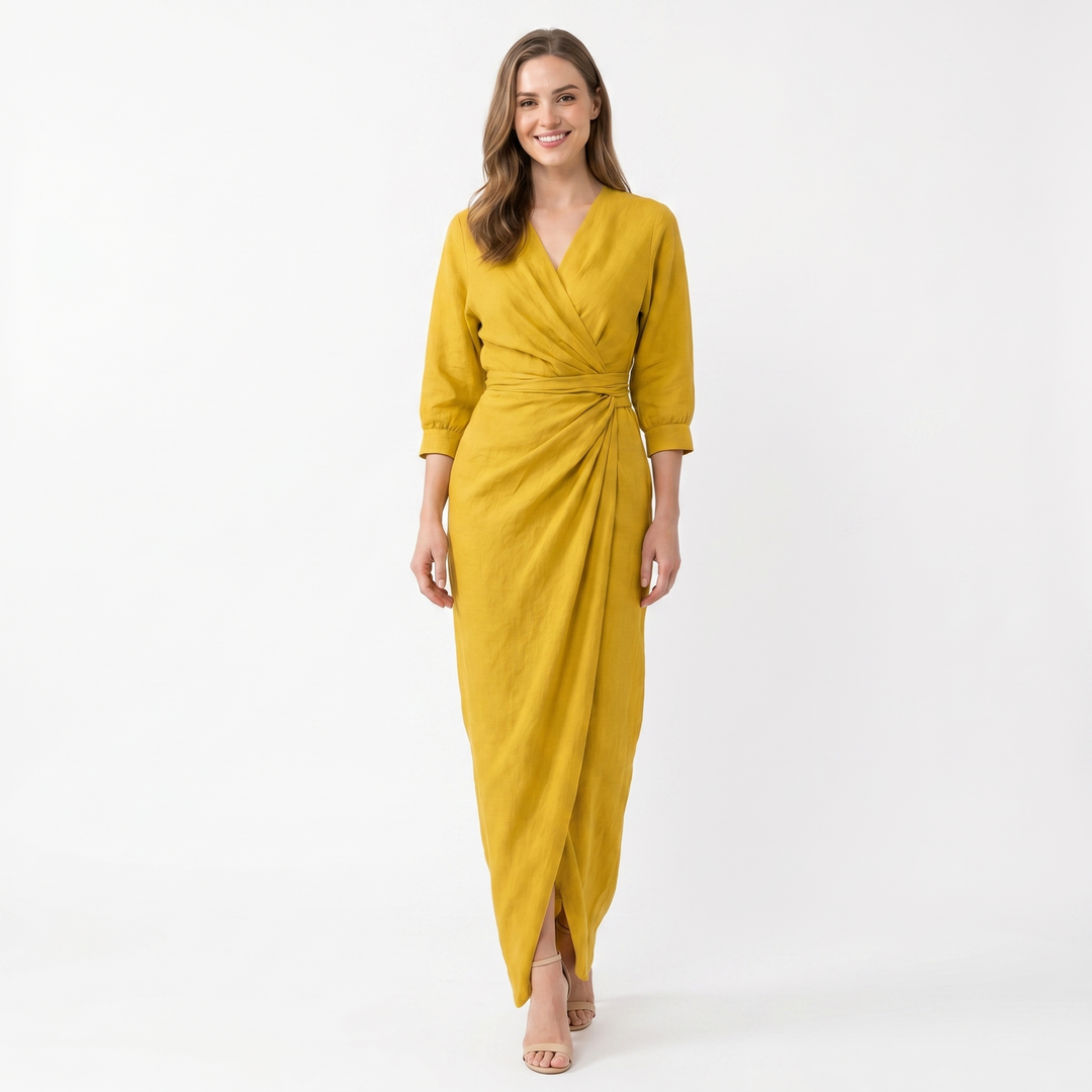 Women's Linen Maxi Dress Long Sleeve Wrap V Neck Draped Gathered