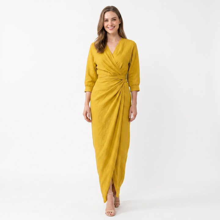 Women's Linen Maxi Dress Long Sleeve Wrap V Neck Draped Gathered