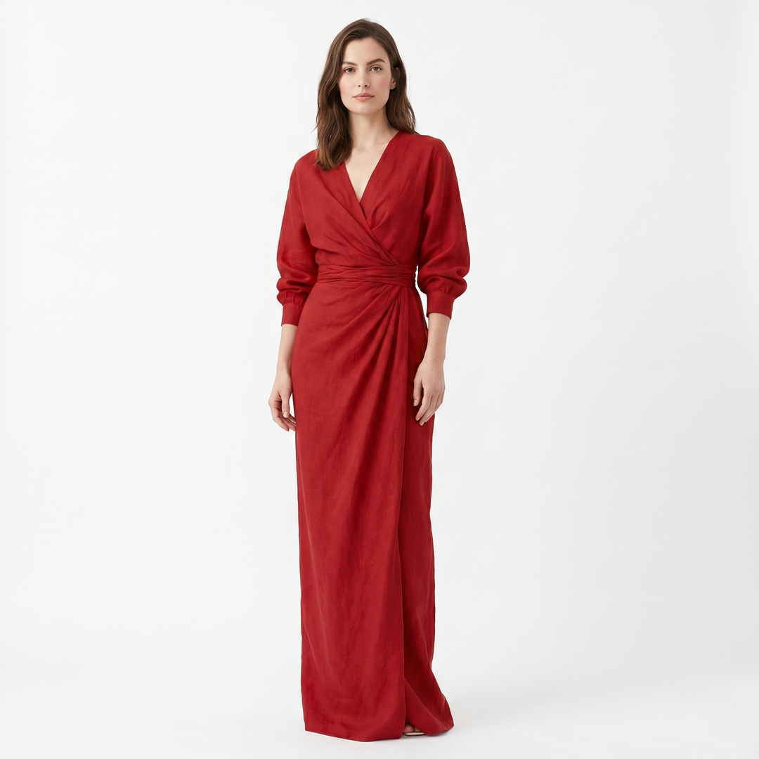 Women's Linen Maxi Dress Long Sleeve Wrap V Neck Draped Gathered
