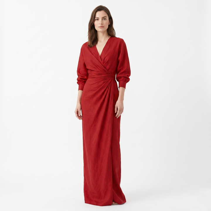 Women's Linen Maxi Dress Long Sleeve Wrap V Neck Draped Gathered