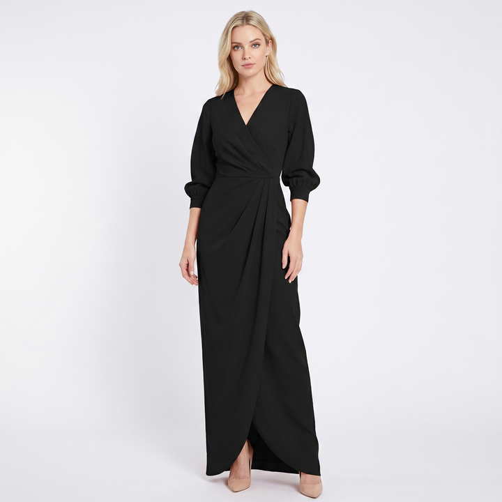 Women's Linen Maxi Dress Long Sleeve Wrap V Neck Draped Gathered