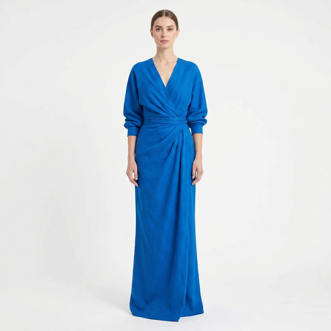 Women's Linen Maxi Dress Long Sleeve Wrap V Neck Draped Gathered