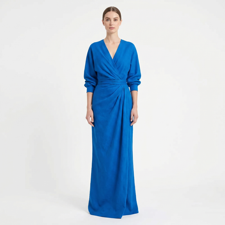 Women's Linen Maxi Dress Long Sleeve Wrap V Neck Draped Gathered