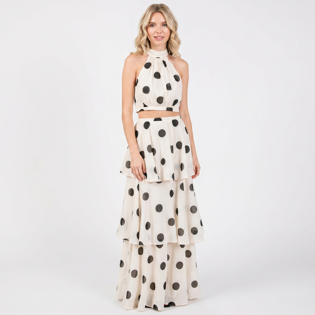 Women's Two Piece Set Halter Crop Top Tiered Maxi Skirt Polka Dot