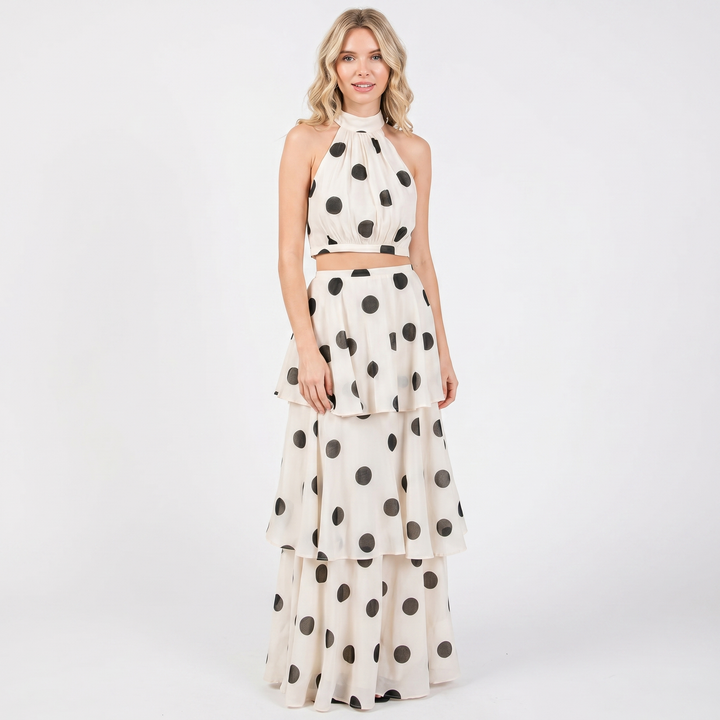 Women's Two Piece Set Halter Crop Top Tiered Maxi Skirt Polka Dot