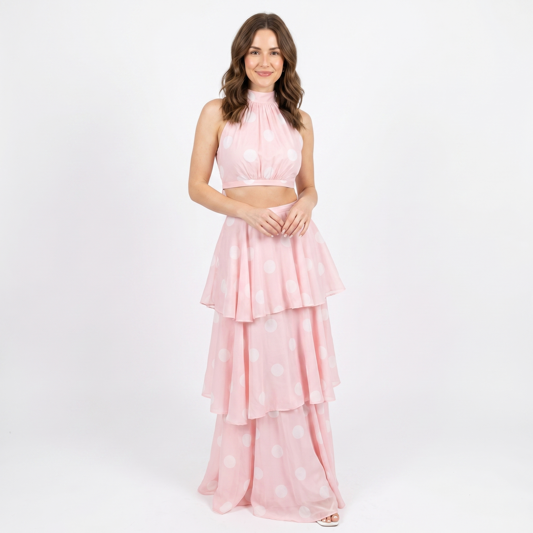 Women's Two Piece Set Halter Crop Top Tiered Maxi Skirt Polka Dot