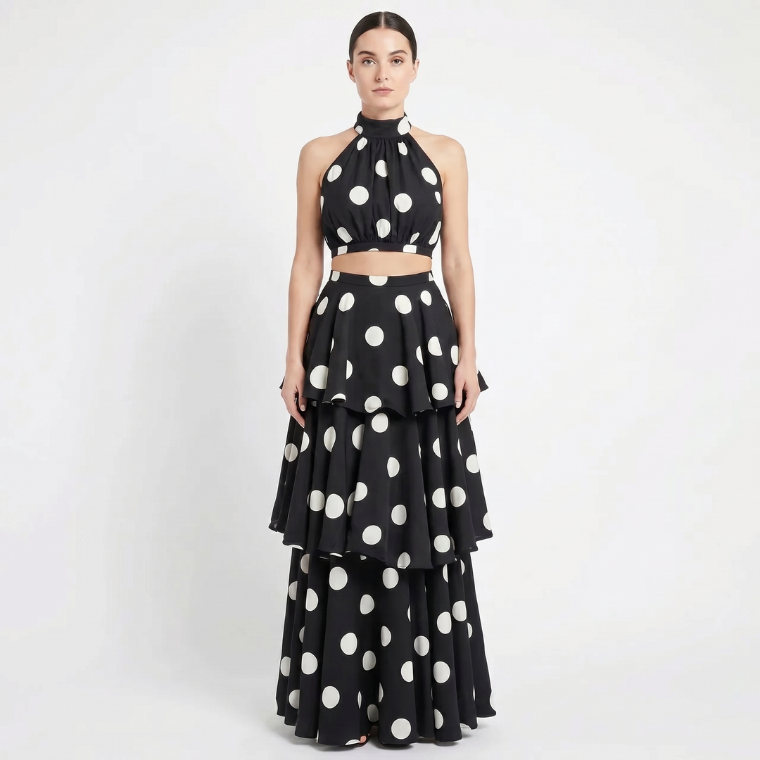 Women's Two Piece Set Halter Crop Top Tiered Maxi Skirt Polka Dot