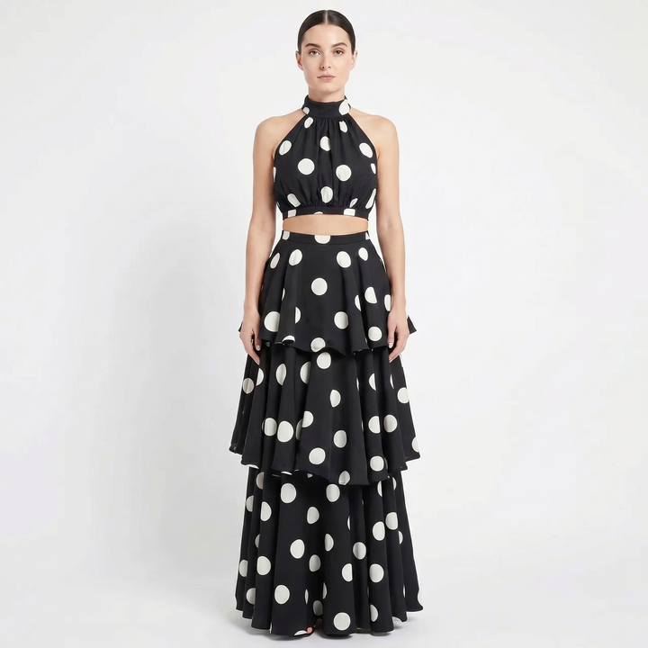 Women's Two Piece Set Halter Crop Top Tiered Maxi Skirt Polka Dot