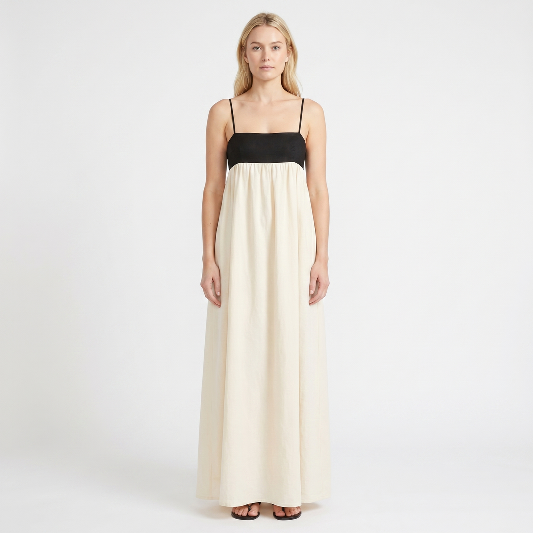 Women's Linen Maxi Dress Spaghetti Strap Empire Waist Contrast Panel