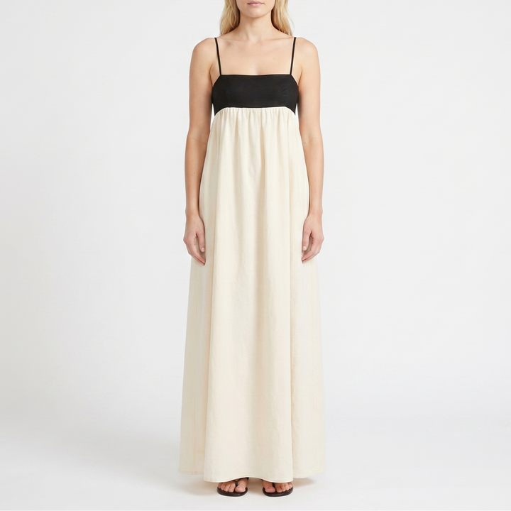 Women's Linen Maxi Dress Spaghetti Strap Empire Waist Contrast Panel