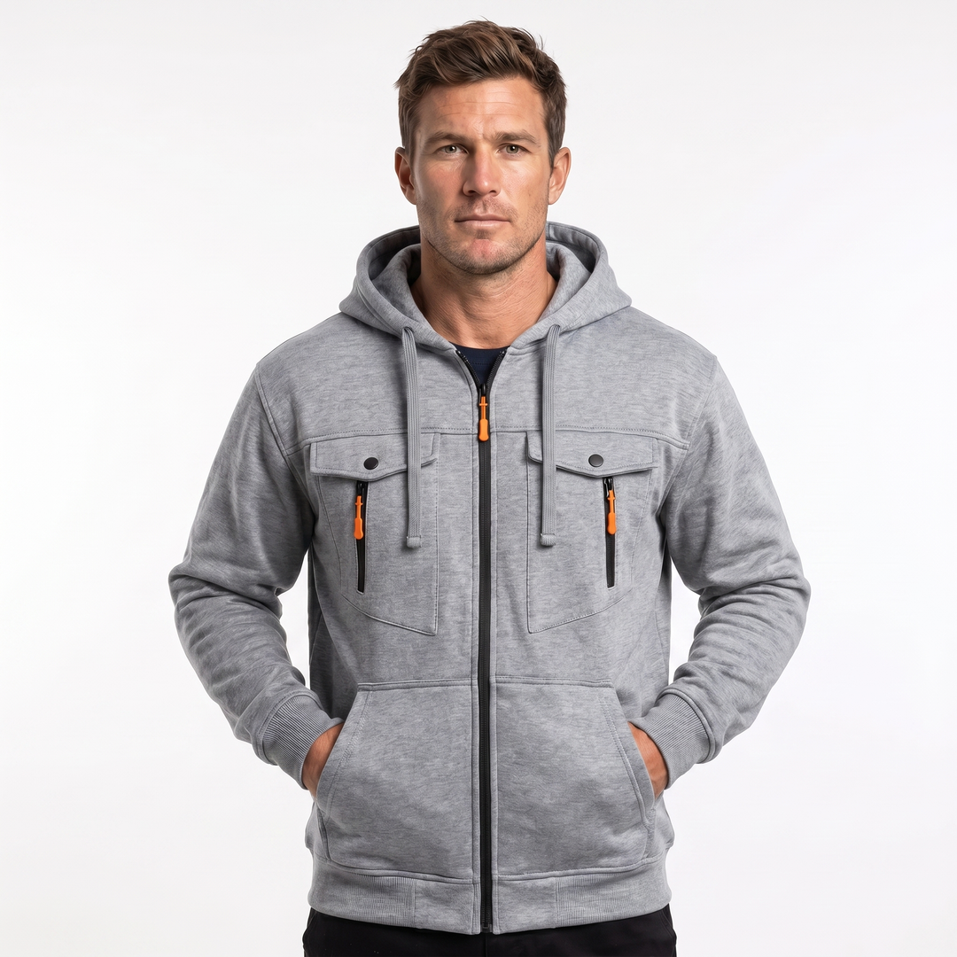 Men's Zip Up Hoodie – Utility Chest Pockets Contrast Pull
