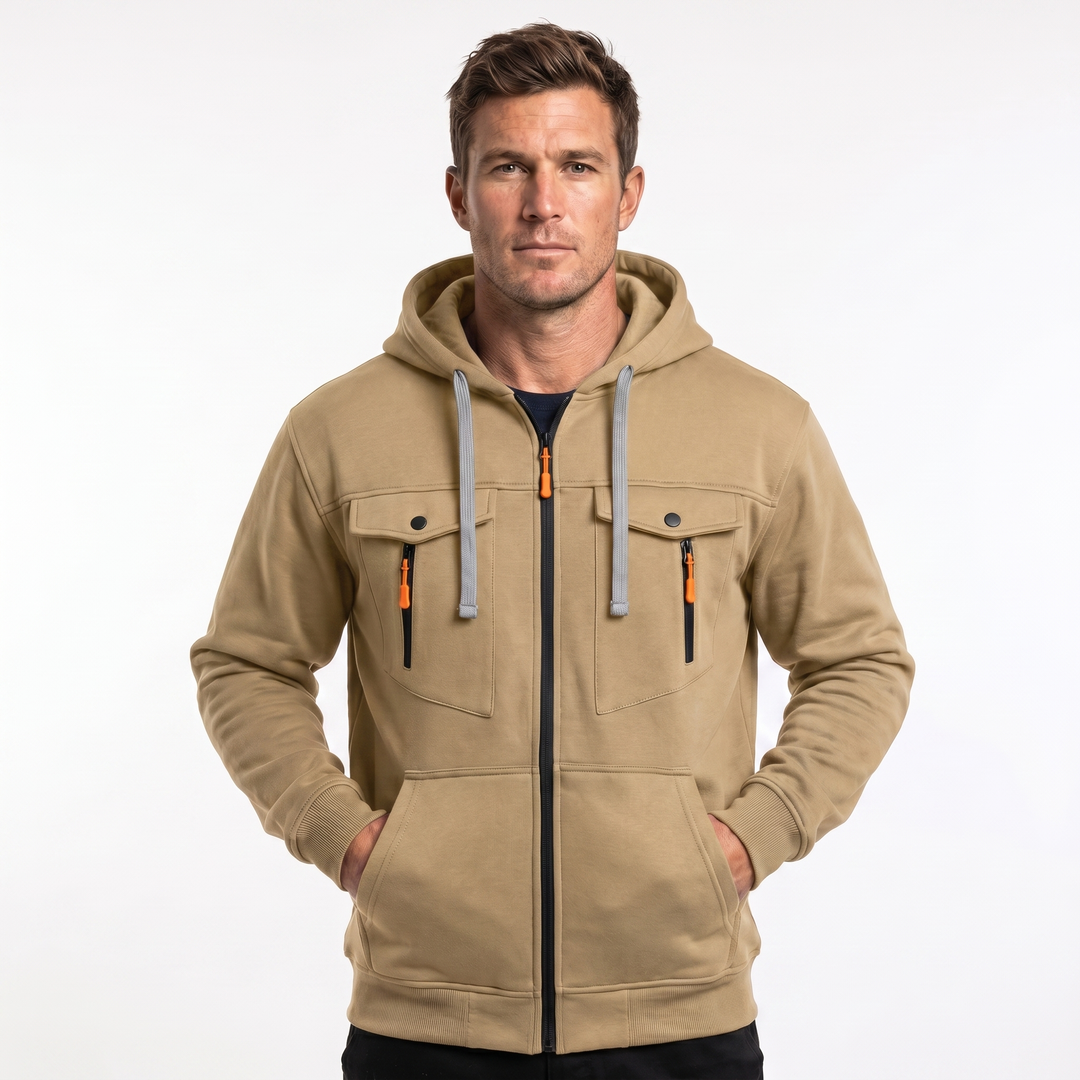 Men's Zip Up Hoodie – Utility Chest Pockets Contrast Pull