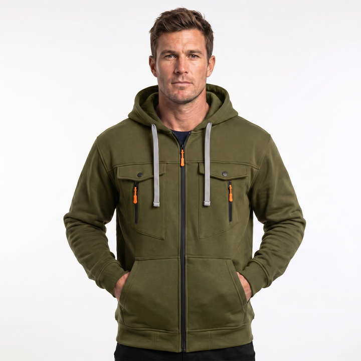 Men's Zip Up Hoodie – Utility Chest Pockets Contrast Pull