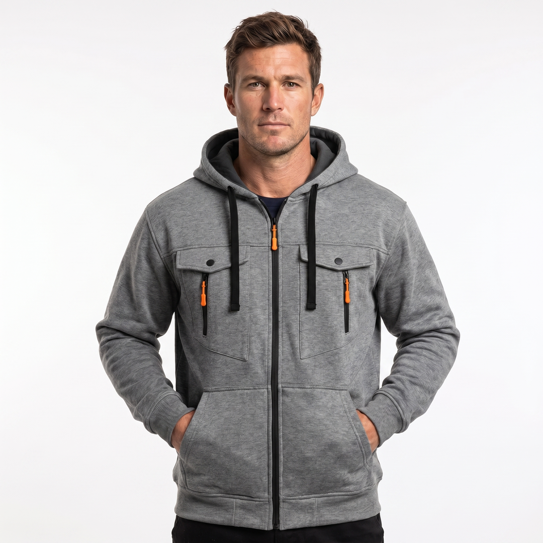 Men's Zip Up Hoodie – Utility Chest Pockets Contrast Pull