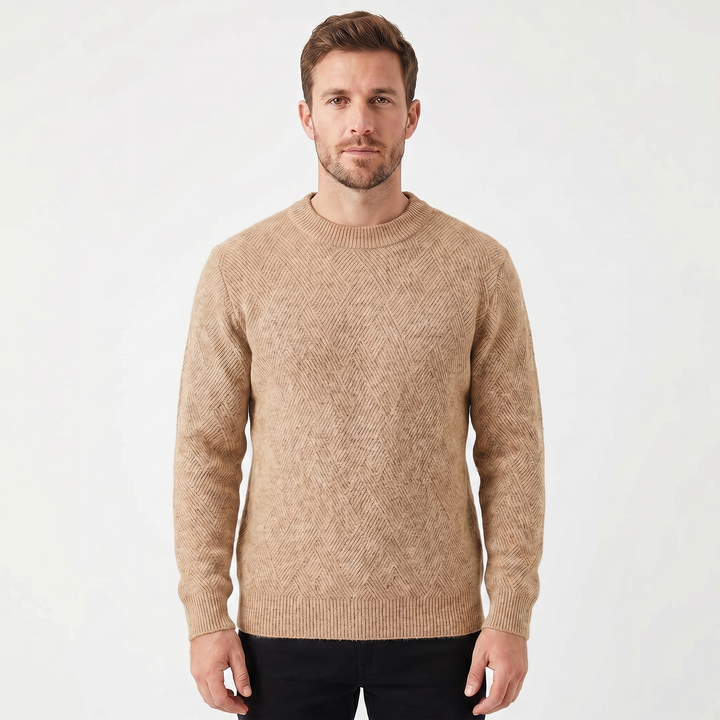 Men's Crew Neck Jumper – Diamond Jacquard Knit Fitted Rib Hem