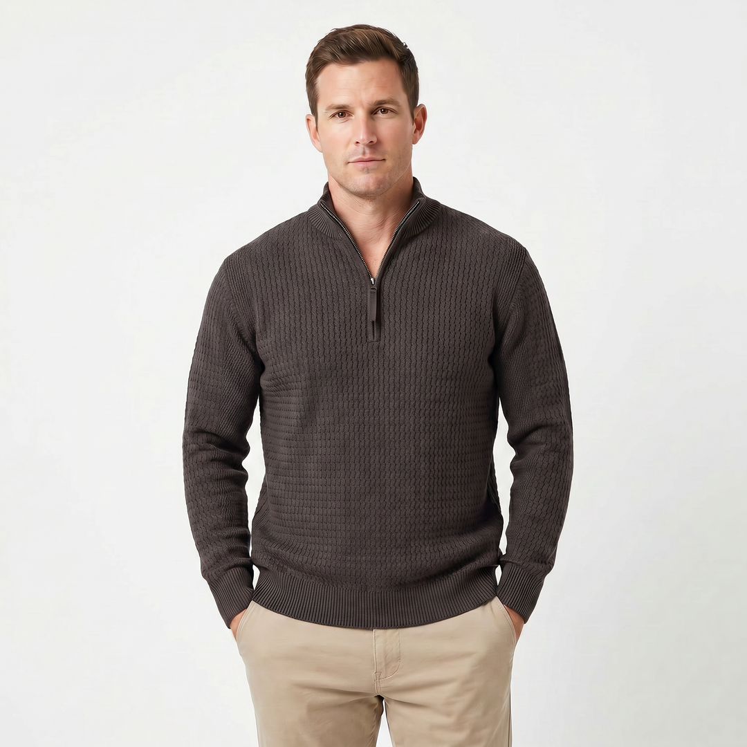 Men's Half Zip Jumper – Textured Knit Ribbed Hem and Cuffs