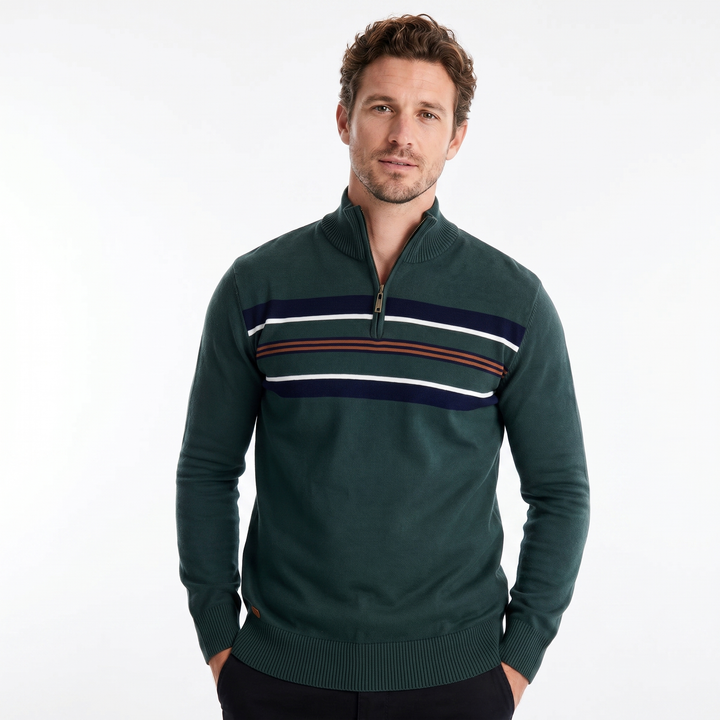 Men's Knit Quarter Zip – Chest Stripe Ribbed Hem