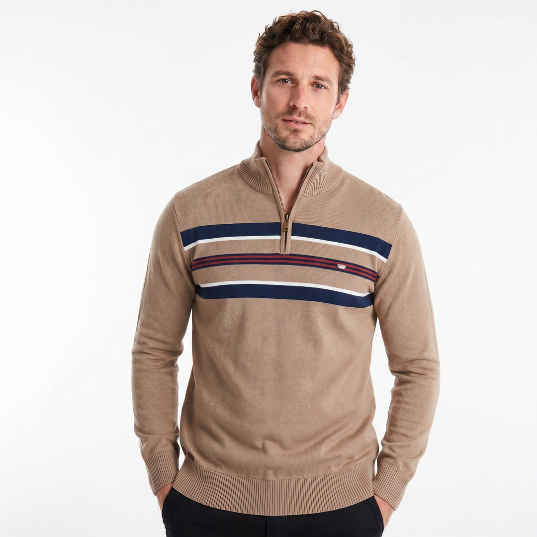 Men's Knit Quarter Zip – Chest Stripe Ribbed Hem