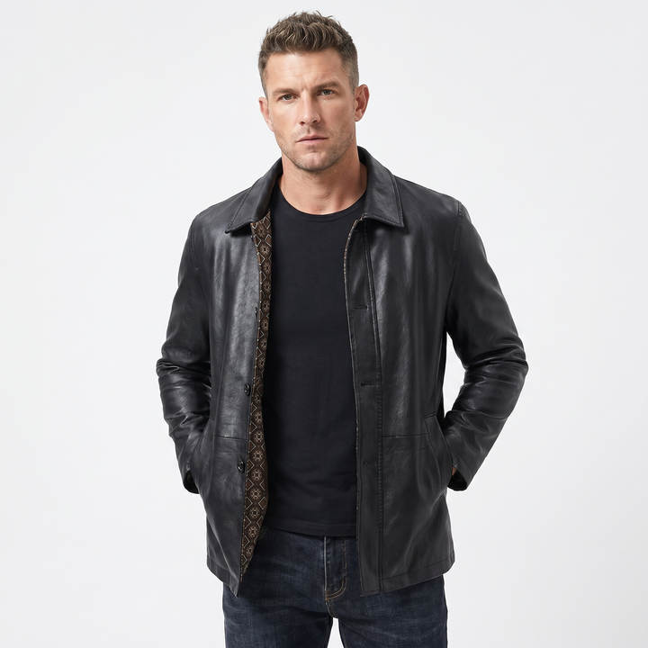 Men's Leather Jacket – Point Collar Button-Front Hip Length