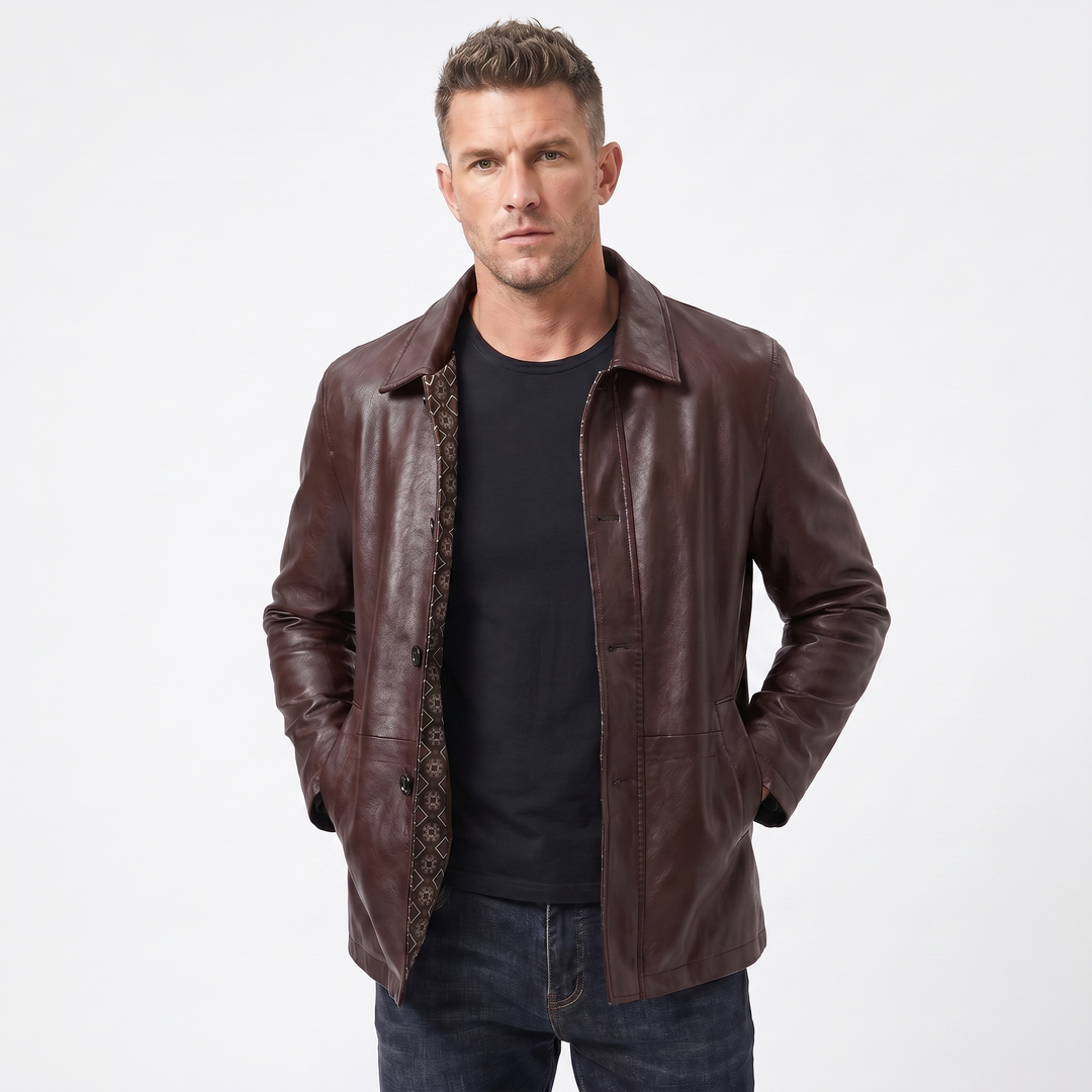 Men's Leather Jacket – Point Collar Button-Front Hip Length
