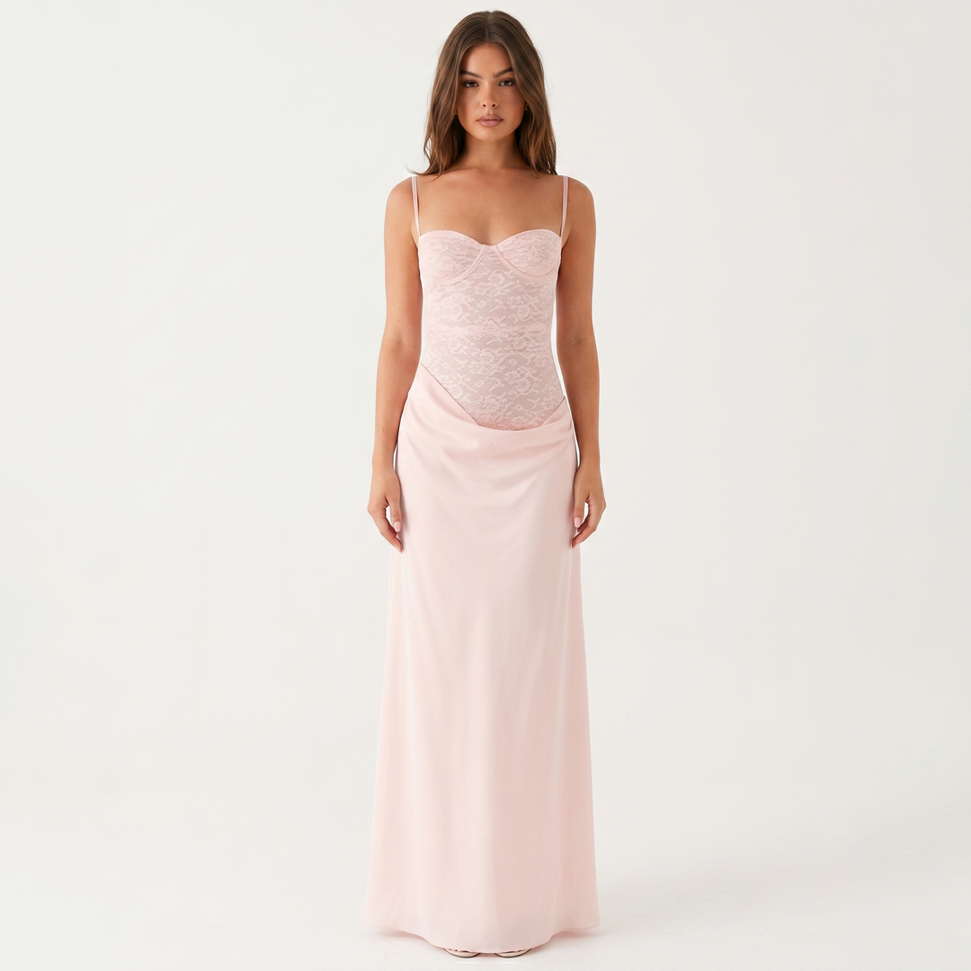 Women's Satin Maxi Dress Lace Bustier Bodice Spaghetti Strap Slip
