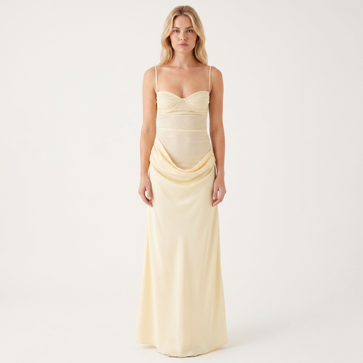 Women's Satin Maxi Dress Lace Bustier Bodice Spaghetti Strap Slip