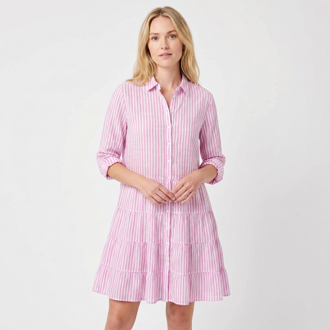 Women's Striped Shirt Dress Tiered Button Down Collared Linen Mini