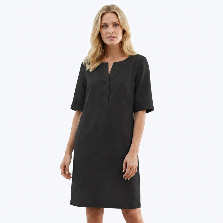 Women's Linen Shift Dress Half Sleeve Notch Neck Pockets Midi