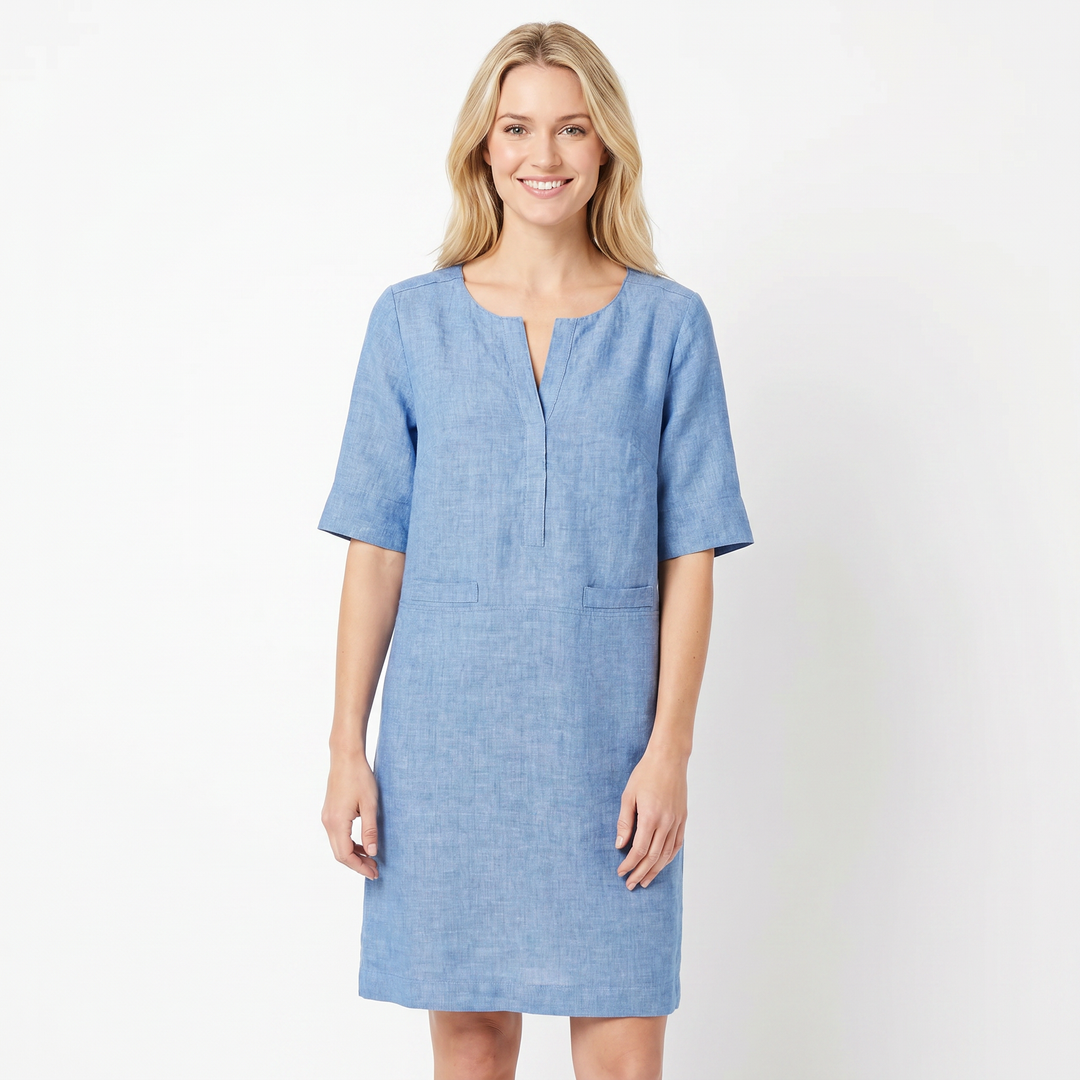 Women's Linen Shift Dress Half Sleeve Notch Neck Pockets Midi