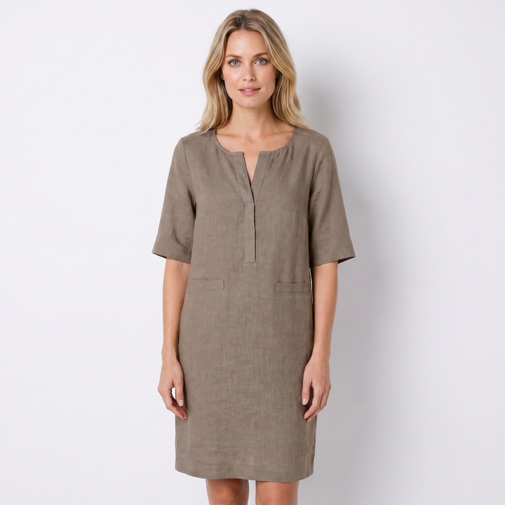 Women's Linen Shift Dress Half Sleeve Notch Neck Pockets Midi
