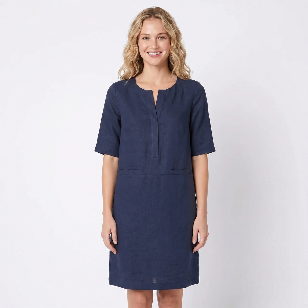 Women's Linen Shift Dress Half Sleeve Notch Neck Pockets Midi