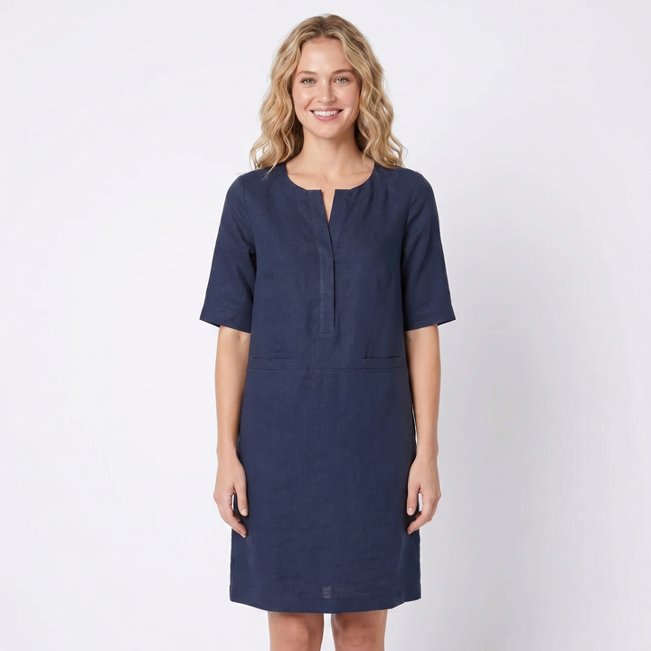 Women's Linen Shift Dress Half Sleeve Notch Neck Pockets Midi