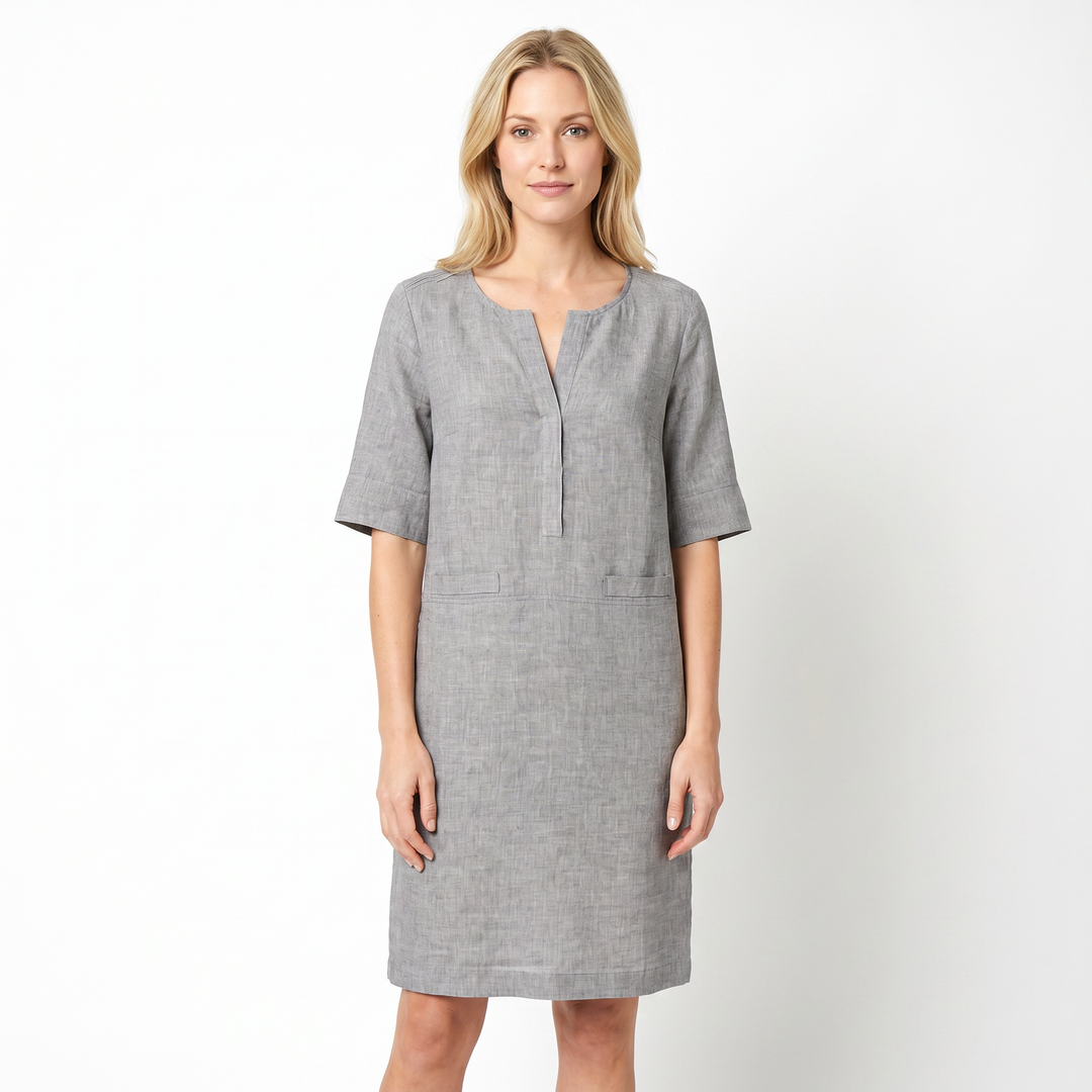 Women's Linen Shift Dress Half Sleeve Notch Neck Pockets Midi
