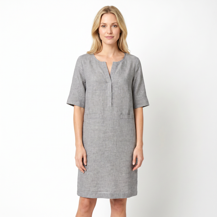 Women's Linen Shift Dress Half Sleeve Notch Neck Pockets Midi