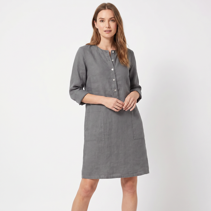 Women's Linen Shift Dress Roll Sleeve Button Placket Pockets Midi
